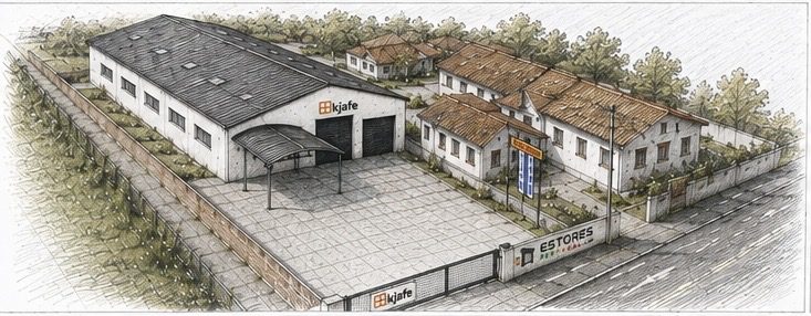 Ilustração da fábrica e escritório Okjafe em Avança, Portugal